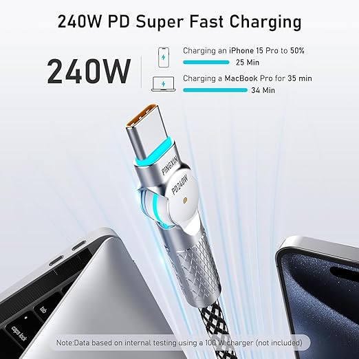 USB C to USB C Cable 10FT 240W, 180°Rotating USB C Cable Braided Type C Charger - Image 2