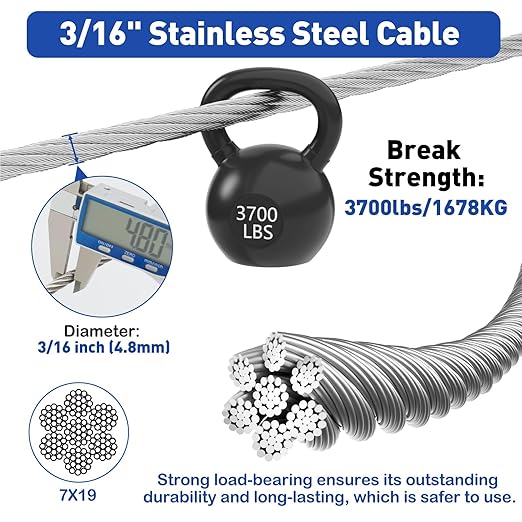 TooTaci 3/16" Stainless Steel Cable, 100ft Wire Rope - Image 4
