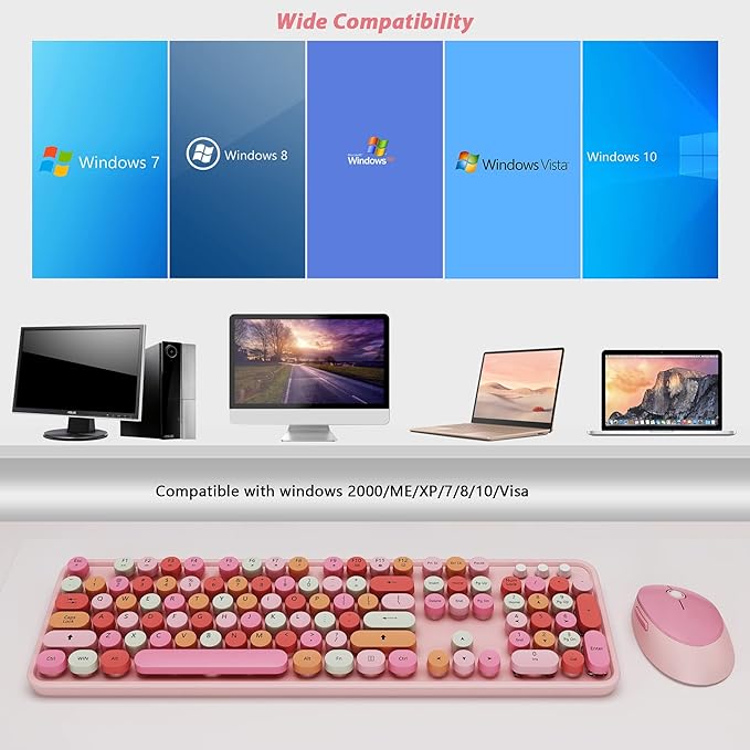 Cute Pink Wireless Keyboard and Mouse, 2.4G Retro Round Keycap - Image 6