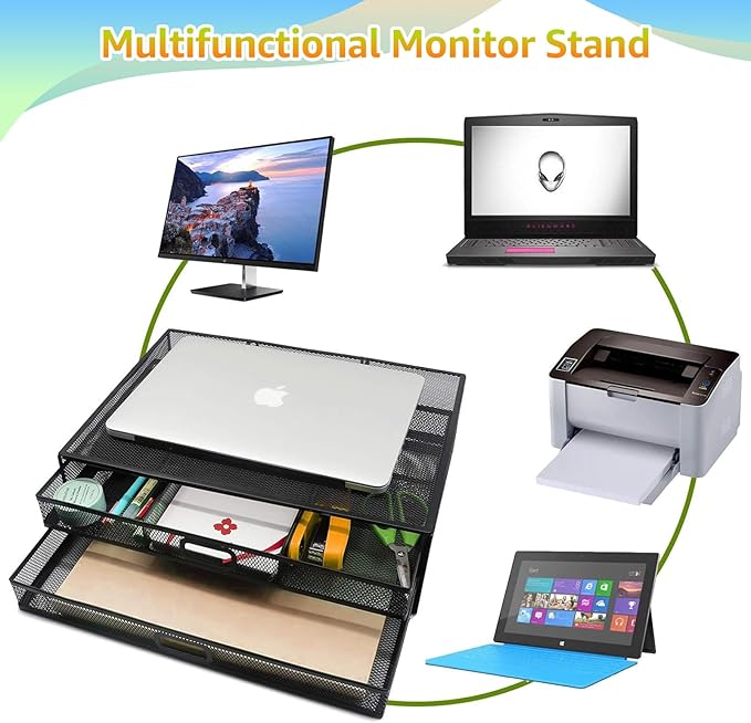 Computer Monitor Stands with Drawers, Metal Mesh Desktop Monitor Riser - Image 6