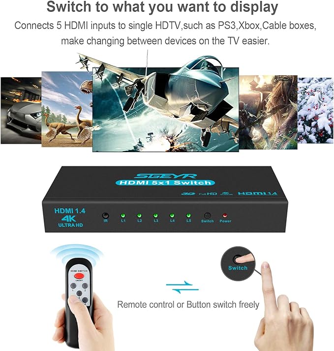 HDMI Switch SGEYR 5x1 HDMI Switcher 5 in 1 Out HDMI Selector 5 Port Box - Image 5