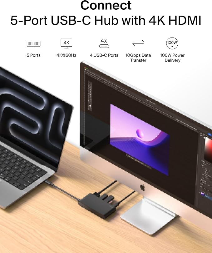 Belkin USB C Hub, 5-Port Hub w/ 4K HDMI Display @ 60Hz, 100W Power Delivery - Image 2