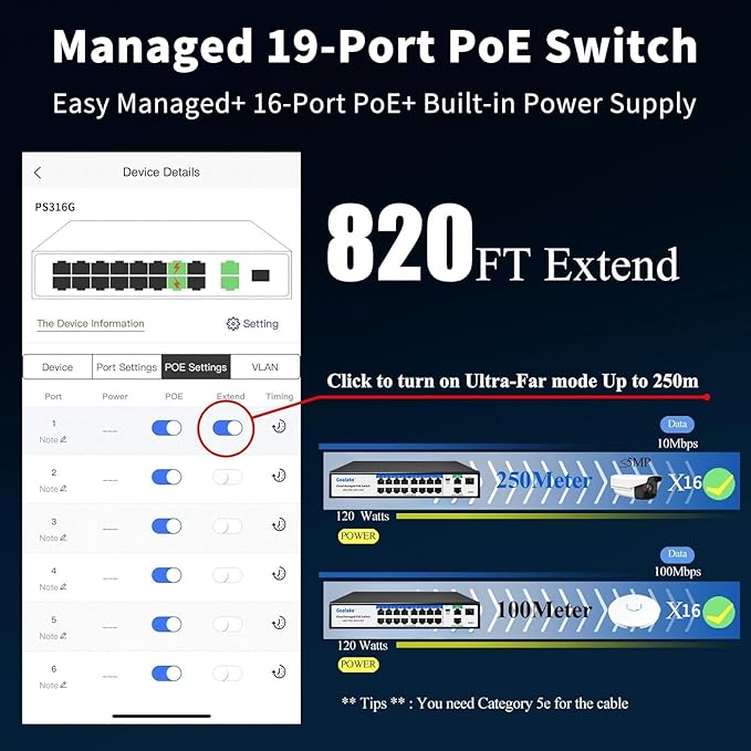 19-Port Ethernet PoE Switch, 16 PoE+ Ports @240W, 2 Uplink Gigabit Ports + 1 - Image 5