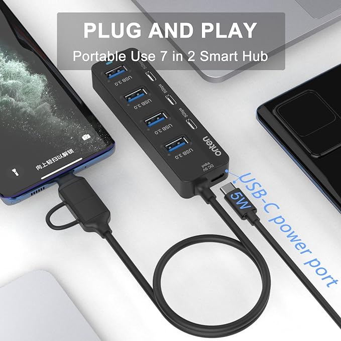 Onten USB C Hub, 7 Ports USB3.0 to USB-C HUB - Image 3
