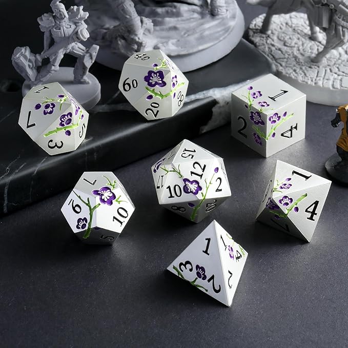Flower Silver Metal Dice, DNDND 7 PCS Heavy Metallic D&D Dice Set - Image 5