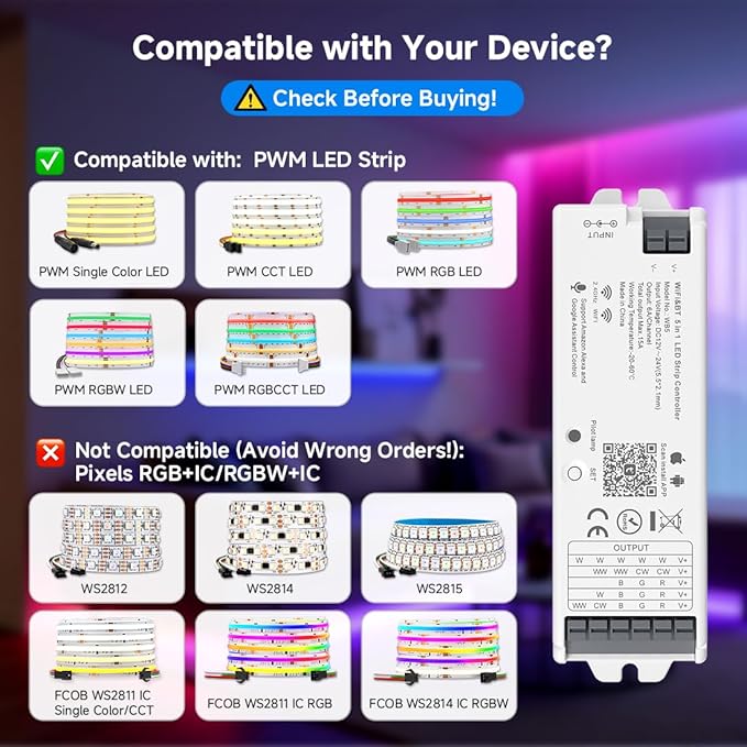 BTF-LIGHTING 5in1 WB5 2.4GHz Tuya WiFi PWM LED Controller Compatible - Image 2