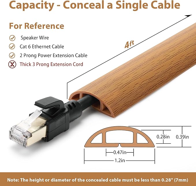 Floor Cord Cover 4ft, Cord Hider Floor Yellow Oak Wood, Cable Management - Image 3