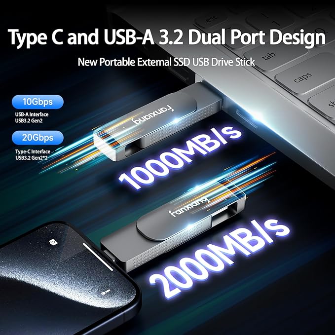 1TB External SSD USB Flash Drive Up to 2000MB/s USB 3.2 Gen2, 2-in-1 Dual USB - Image 2