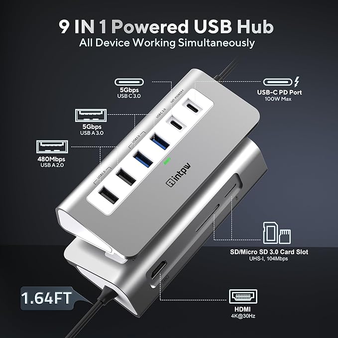 USB C Hub, INTPW 9-in-1 USB C Hub Multiport Adapter - Image 2