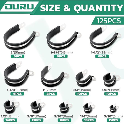 125PCS Cable Clamp, 12 Sizes Stainless Steel Rubber Coated Cushioned Insulated - Image 2