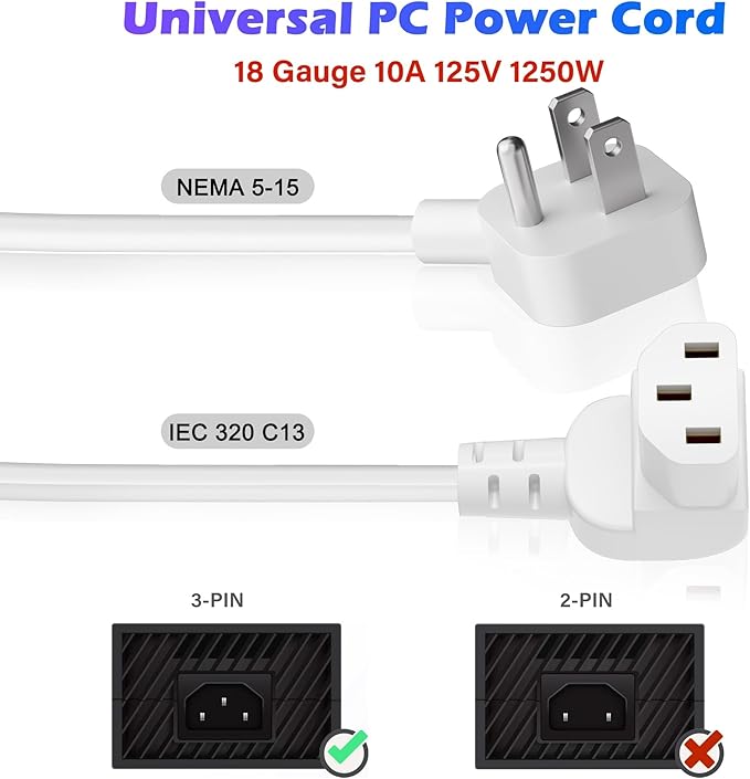 Adoreen 6 Ft Computer TV Replacement Power Cord White, Low Profile Flat Plug to - Image 4