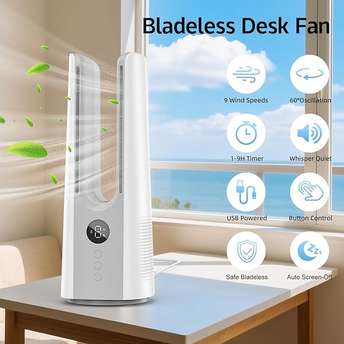 Desk Fan, 13 Inch Portable Bladeless Fan, Small Quiet Table Fan - Image 2