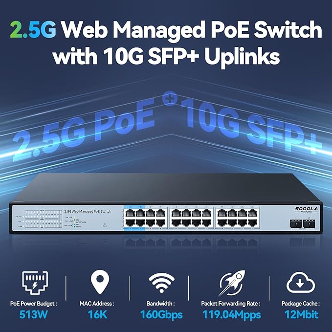SODOLA 24 Port 2.5Gb PoE Switch Easy Smart Managed 24 PoE+ Port @500W, 2 x 10G - Image 3