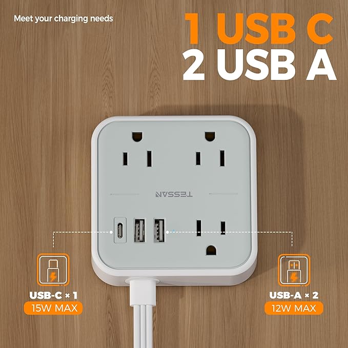 Cruise Essentials, TESSAN Flat Plug Travel Power Strip, Non Surge Protector - Image 5