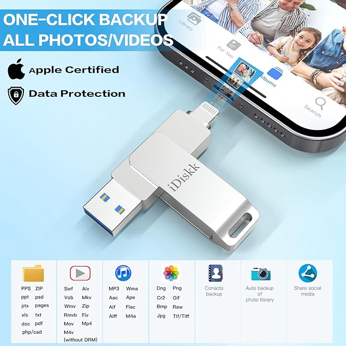 iDiskk 256GB iPhone Photo Storage Stick MFi Certified Flash Drive Photo Stick - Image 3