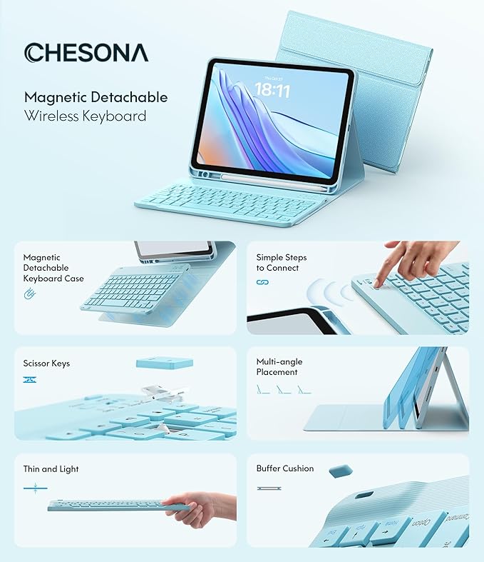 CHESONA Keyboard Case for iPad 11th/10th Generation, Detachable Wireless - Image 3