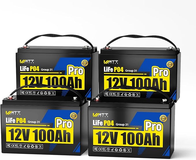 4Pack 12V 100Ah LiFePO4 Lithium Battery, BCI Group 31, Deep Cycle Up to 15000 by Wattcycle