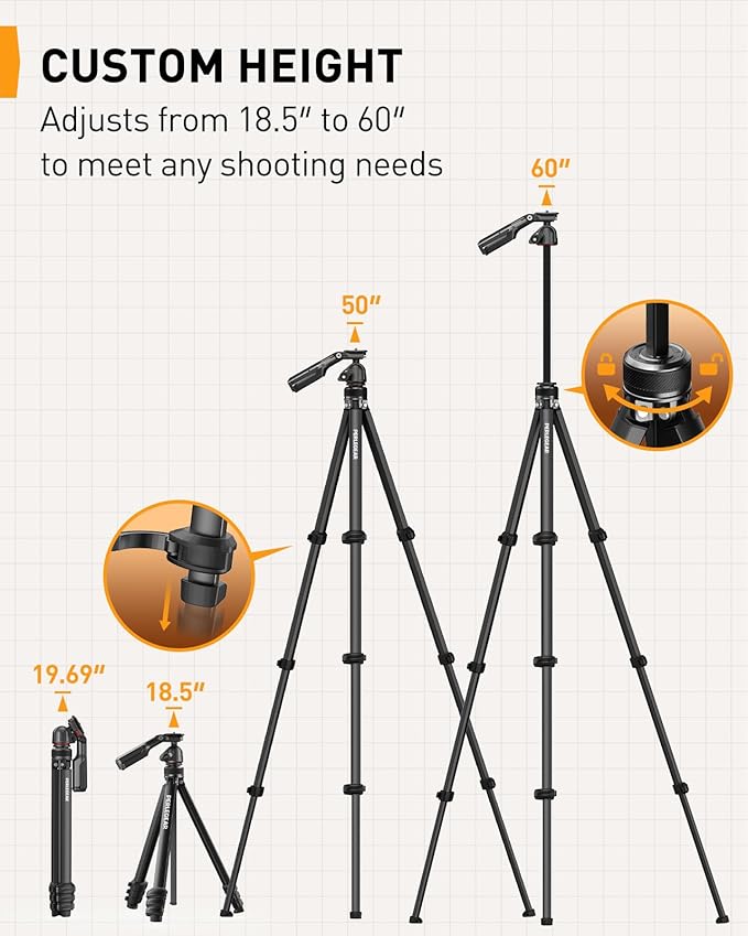 Perlegear Camera Tripod, 60″ Portable and Height-Adjustable, Travel Tripod - Image 2