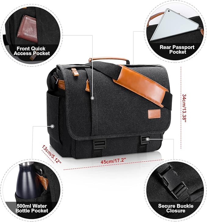 ESTARER Men Messenger Bag 15.6 inch, Water-resistant Canvas Computer Work Bag - Image 3