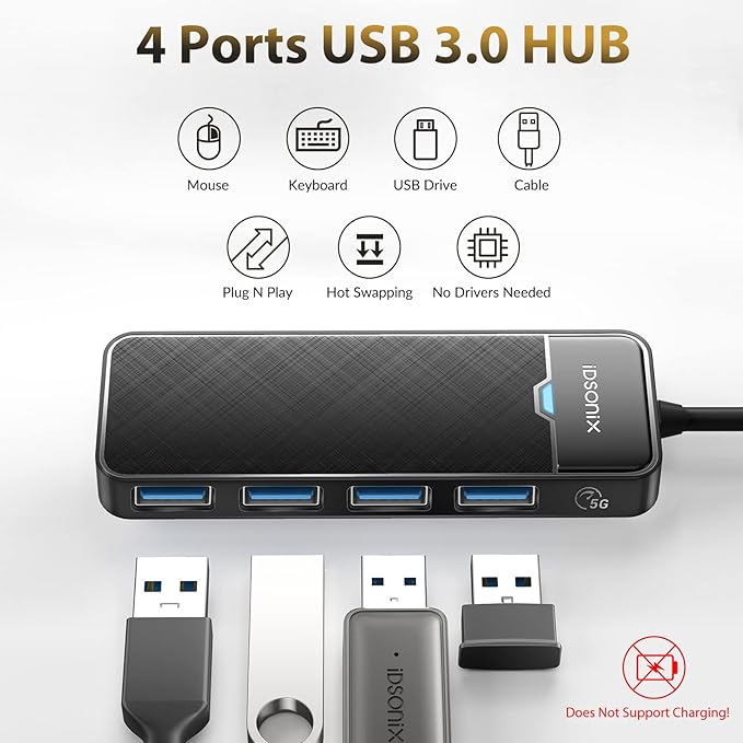 iDsonix USB 3.0 Hub 4-Port USB Splitter Ultra-Slim Multiport Extender - Image 2