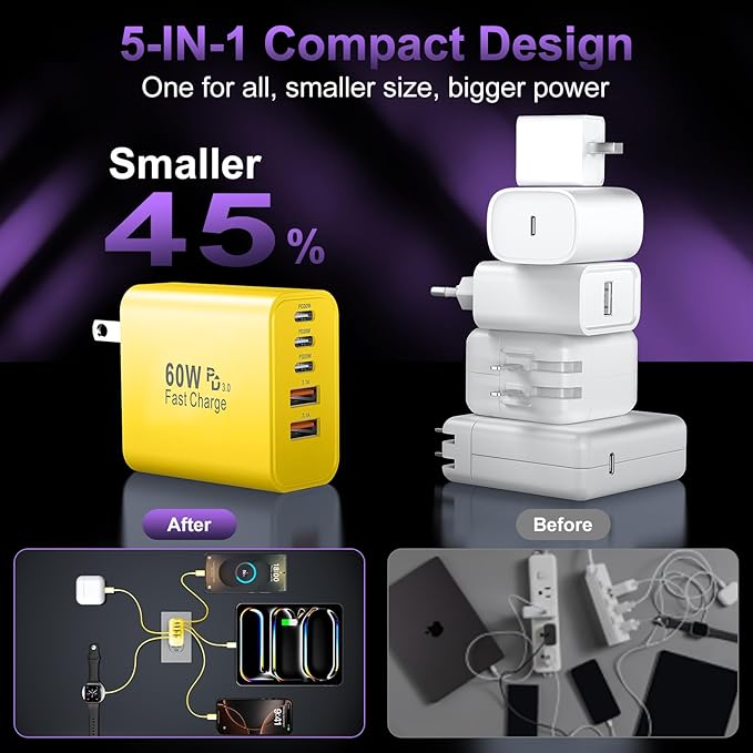 USB C Fast Wall Charger Block, 5-Port PD+QC Power Adapter Multiport Brick Type - Image 5