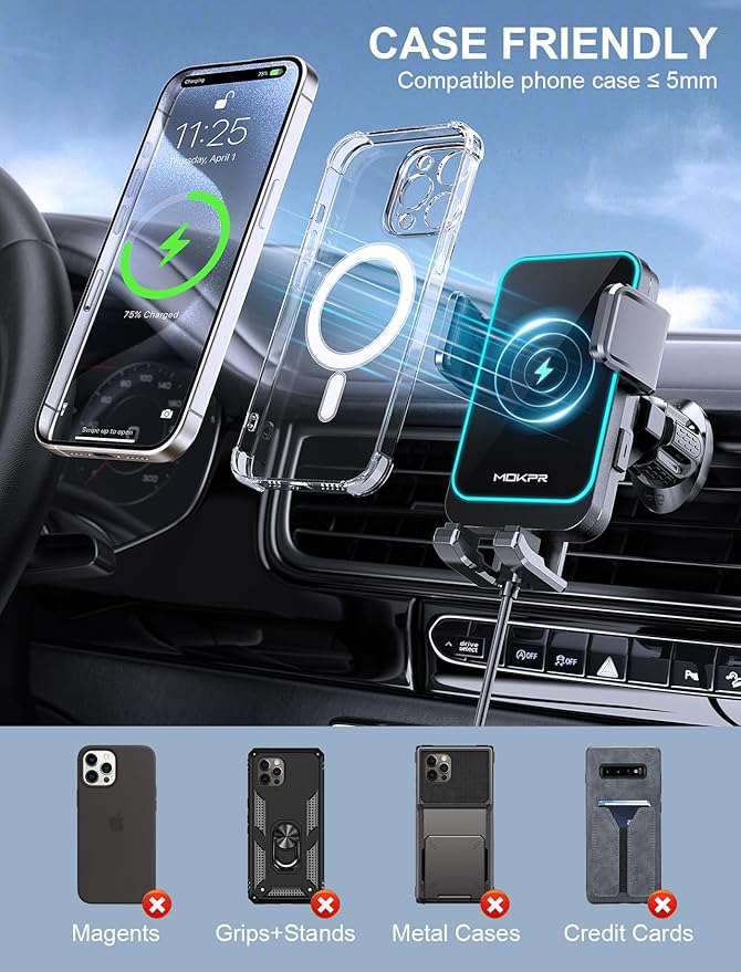 Wireless Car Charger, MOKPR 15W Fast Charging Auto Clamping Air Vent Car Phone - Image 6