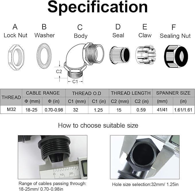LeMotech M32 Cable Gland, 90 Degree Adjustable 18-25mm Strain Relief, Cord - Image 2