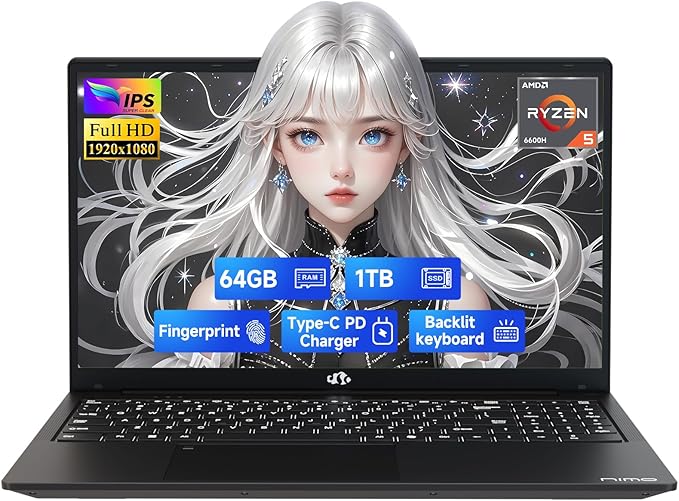 NIMO 15.6" IPS FHD-Gaming-Laptop, AMD Ryzen 5 6600H 6 Cores 64GB DDR5 RAM 1TB by Nimo