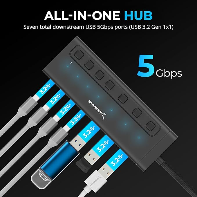 SABRENT 7-Port USB-C Hub with Power Switches, 5Gbps USB 3.2, 48W Powered Hub - Image 4