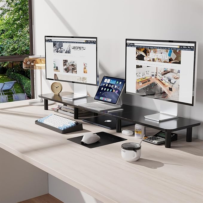 43.7" Extra Long Dual Monitor Stand Riser, Wood & Steel Monitor Stand - Image 2