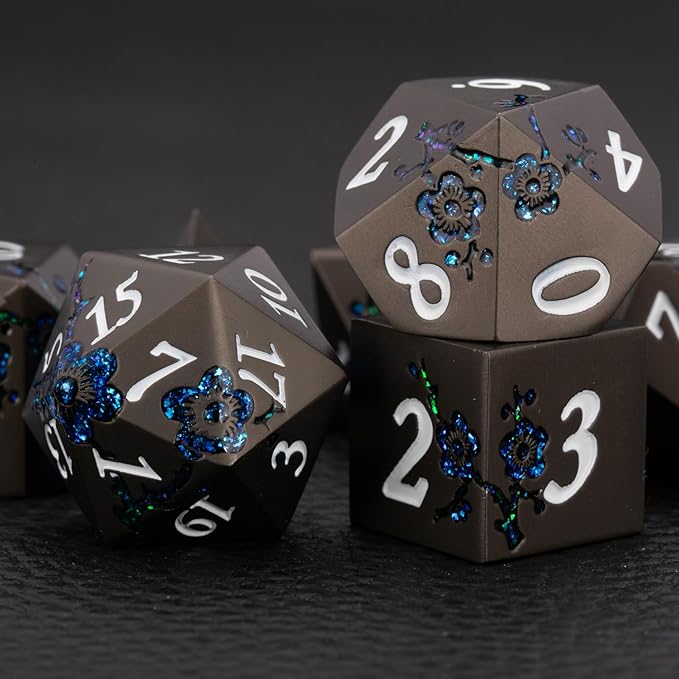 Metallic Glitter Flowe Dice Set, Metal Polyhedral RPG Dice - Image 5
