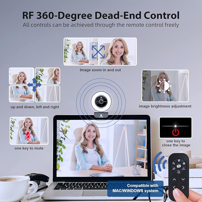 Zoomable Webcam with Remote Control, 1080P 60FPS Streaming Webcam with - Image 4