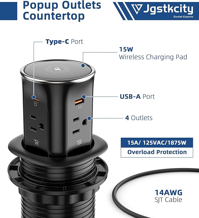 Jgstkcity Pop Up Outlet for Countertop 3.15-inch Desk Wire Hole Insert - Image 6