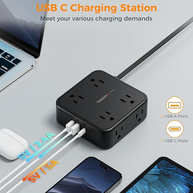 TESSAN Surge Protector Flat Plug Power Strip, 8 AC Outlets, 3 USB Charger 3 - Image 4
