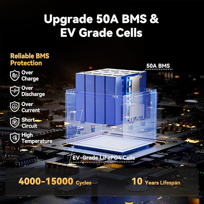 Power Queen 12.8V 50Ah LiFePO4 Battery Upgrade, Grade A Lithium Battery Cells - Image 6