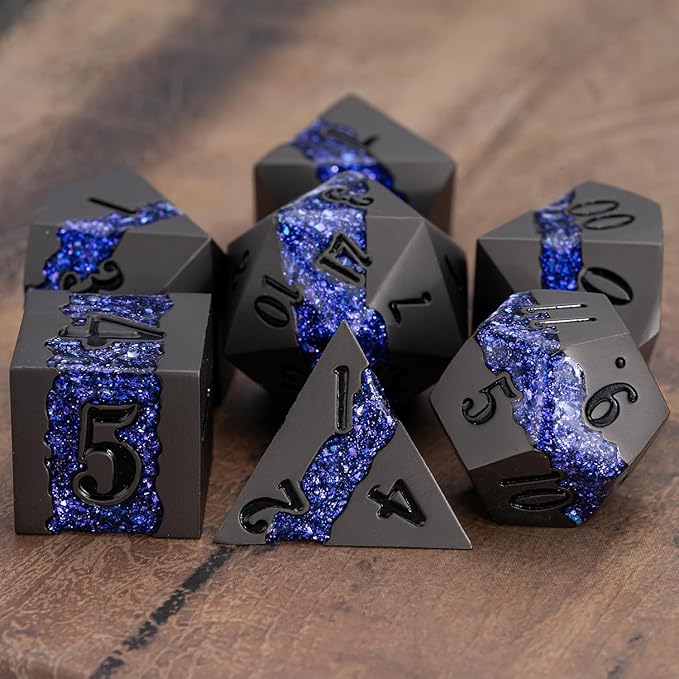 Metal DND Polyhedral Dice, Large Stripe Glitter Metallic Dice Set, Antique - Image 5