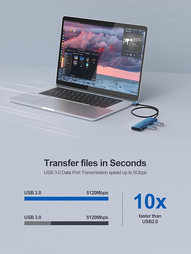 USB 3.0 Hub, 4 Port USB Splitter Extender Portable Adapter Multiport Data Hub - Image 3