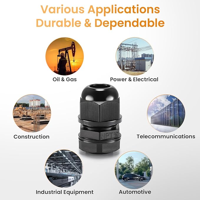 QILIPSU 12pcs 3/8" NPT Cable Gland Waterproof IP68 Nylon Cable Pass Through - Image 7