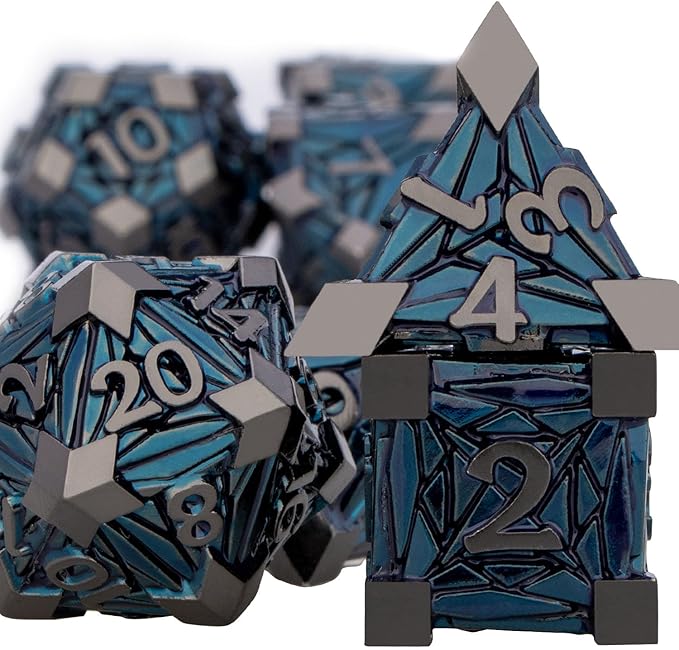 7PCS Metal DND Dice Set with Box, Debris RPG Black Blue D and D Dice - Image 2