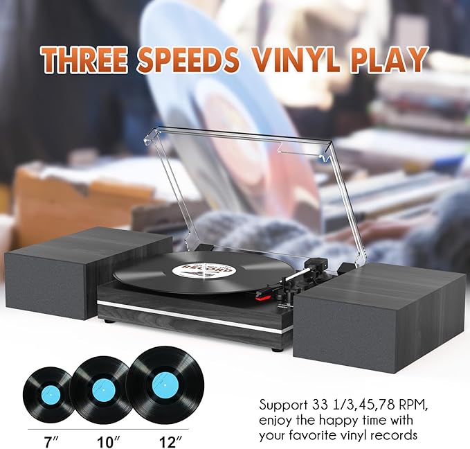 Vinyl Record Player with Dual Separate Stereo Speakers Vintage Turntable with - Image 4