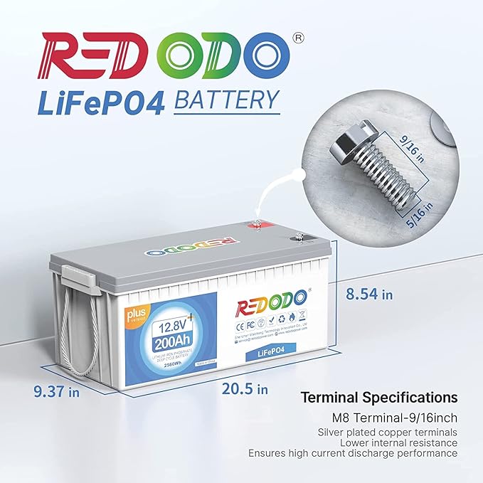 Redodo 12V 200Ah Plus Lithium LiFePO4 Battery, Max 2560W Power Output, 200A BMS - Image 2
