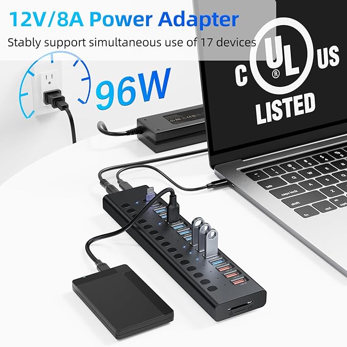 Powered USB Hub 10Gbps, 17 Ports 96W USB 3.2 Hub, 12V/8A Power Adapter - Image 4
