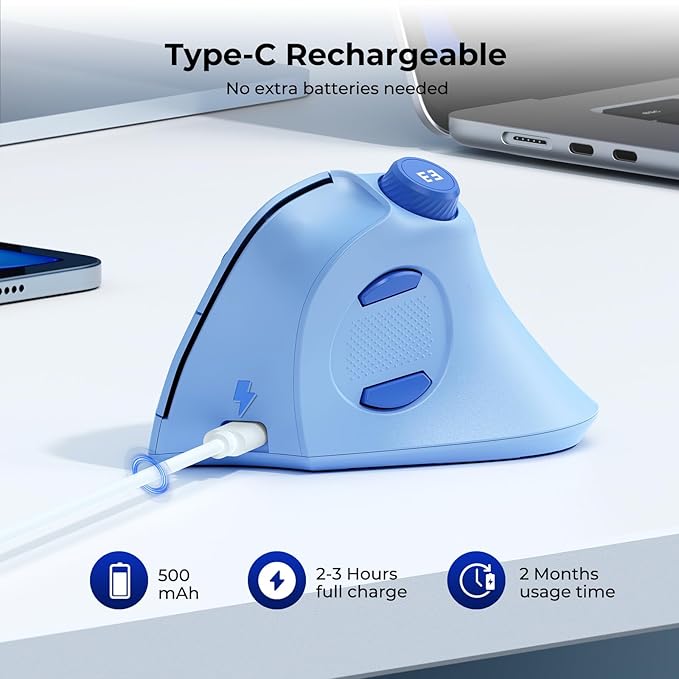 seenda Ergonomic Mouse Rechargeable, USB+Dual Bluetooth, MOU-302 Vertical - Image 5