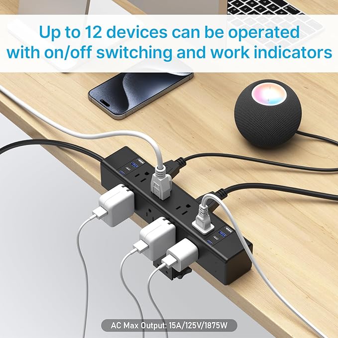 CCCEI Desk Outlet Station 45W USB C Port. 12 Outlet Desktop Clamp Power Strip - Image 5
