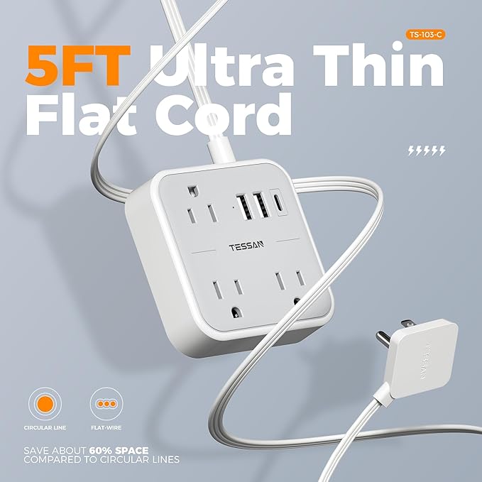 TESSAN Ultra Thin Flat Extension Cord 5 FT, Slim Power Strip - Image 4