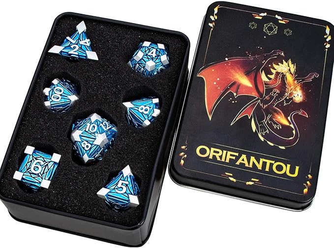 7PCS Metal DND Dice Set with Box, Debris RPG Blue D and D Dice - Image 6
