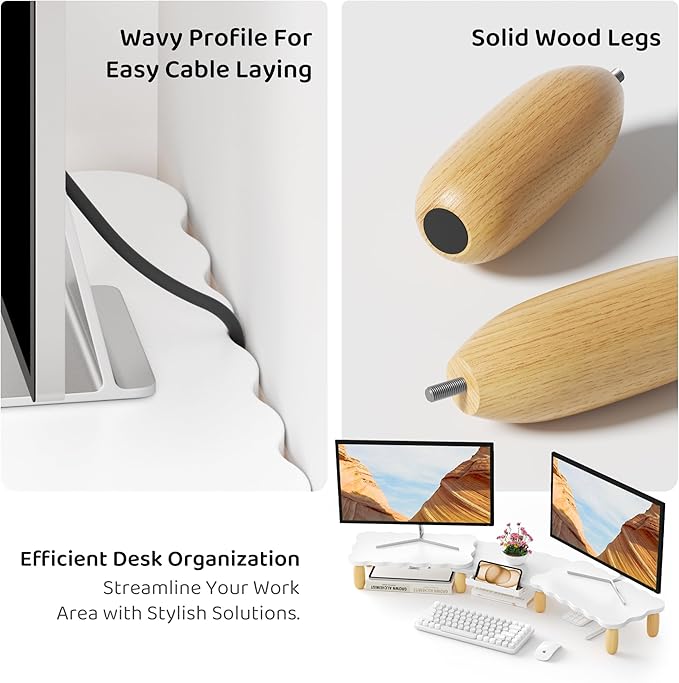 Dual Monitor Riser, Cookie-Shaped Adjustable Length & Swivel Angle, Wooden - Image 7