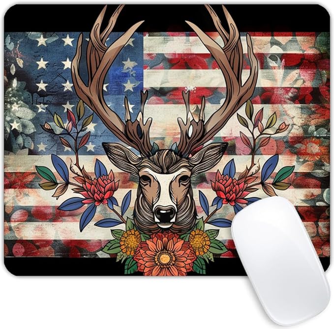 Square Mouse Pad Majestic Deer Wreath and National Flag-3, Gaming Mouse Pads by Goodsprout