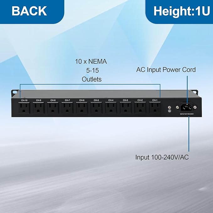 10 Outlet Horizontal 1U PDU Rack Mount Power Strip - Image 3