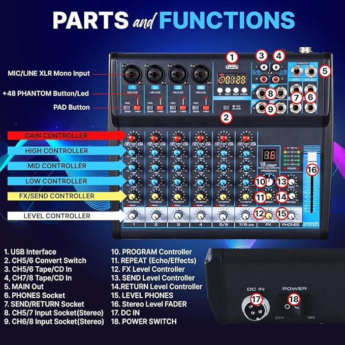 Pyle Professional Audio Mixer Sound Board Console Desk System- Interface 8 - Image 2